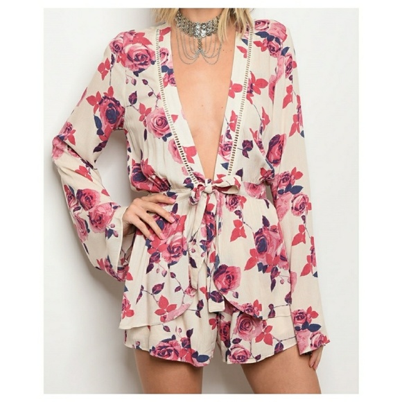 Pants - Cream & Pink deep plunge floral romper